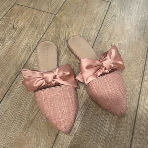 Copper Key Satin Bow Mules in Pink